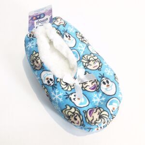 Frozen Disney Emoji Slippers Socks Blue‎ Elsa Olaf Fleece Sz Youth M/L 13-4